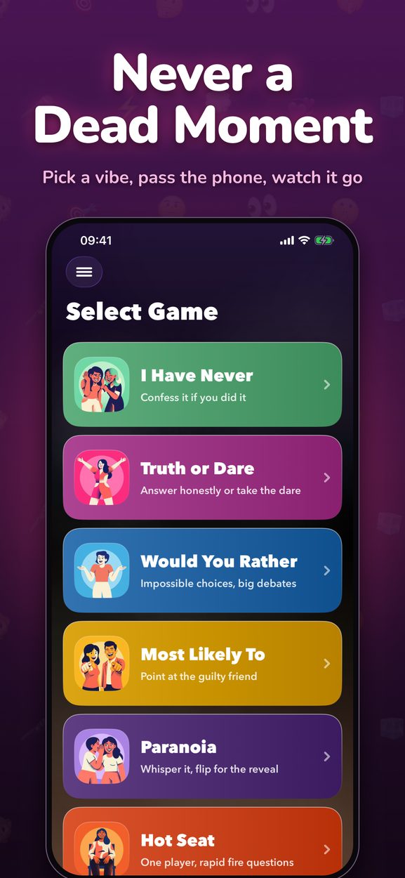 The game picker, listing I Have Never, Truth or Dare, Would You Rather, Most Likely To, Paranoia and Hot Seat.